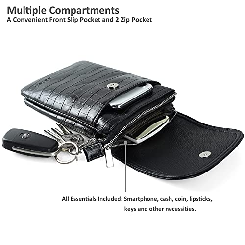 befen Genuine Leather Small Crossbody Bags for Women Cell Phone Bag Cross Body Purses,Silver Zipper - color: Black Crocodile