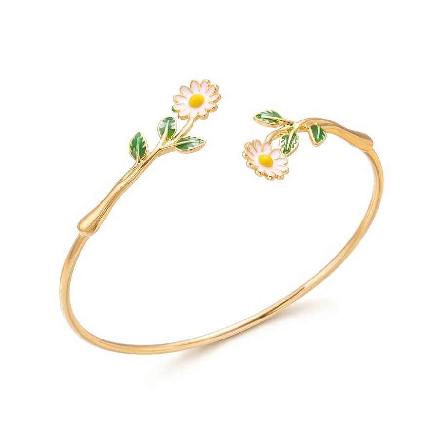 Caiyao 2Pcs Adjustable Sunflower Open Cuff Bangle Bracelets Ring Gold Tone Enamel Daisy Flower Floral Upper Arm Armband Bracelet for Women Boho Summer Inspired Floral Jewelry Gifts - style: StyleB