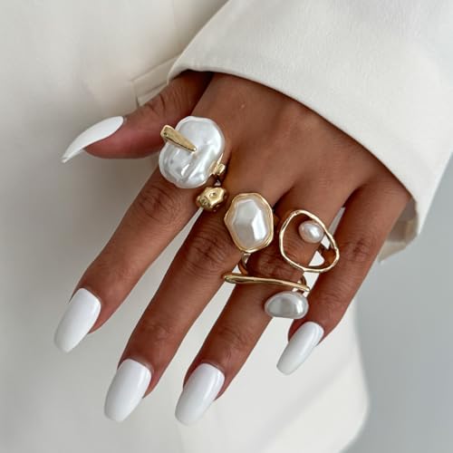 Chunky Gold Pearl Rings for Women Vintage Baroque Pearl Rings Set Open Stacking Pearls Ring Set Irregular Geometric Pearls Ring Boho Prom Costumes Fashion Jewelry Accessories - style: 4PCS A