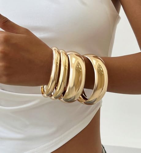 Chunky Gold Bangle Bracelets for Women, Dainty 14k Gold Plated Big Stackable Bangles Set, Trendy Cuff Bracelet Stack Fashion Jewelry Gifts - style: 4 pcs chunky gold bangles