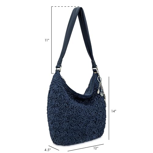 The Sak Sequoia Hobo Bag - Hand Crochet Large Women's Purse for Everyday & Travel - Durable Handbag & Tote With Zipper Pocket - color: Denim Primrose Straw