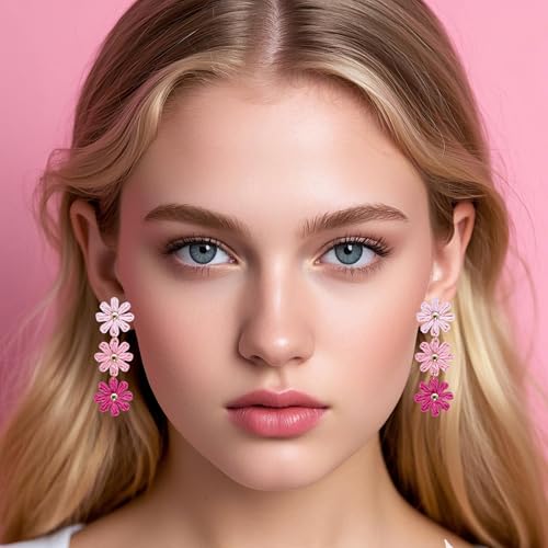 Raffia Flower Earrings Boho Handmade Straw Wrapped Drop Dangle Earrings for Women Summer Beach Jewelry - color: pink