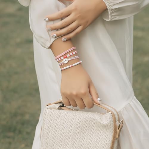 FANCY SHINY Boho Nautical Compass String Bracelets Beaded Clay Beads Bracelet Stackable Friendship Bracelets Summer Beach Outfits for Women Girls - color: Pink
