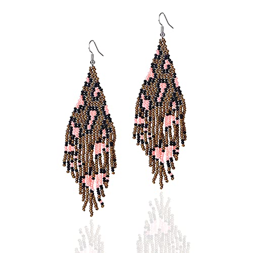 Long Beaded Tassel Earrings - Bohemia Colorful Bead Handmade Beaded Tassel Earrings，Gifts and Christmas - color: Brown leopard