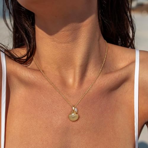 Ewrkbr Gold Necklace for Women,14K Gold Plated Shell Starfish Beach Necklaces Cute Boho Pendant Necklace Fashion Summer Waterproof Pearl Jewelry for Women - color: NK-shell