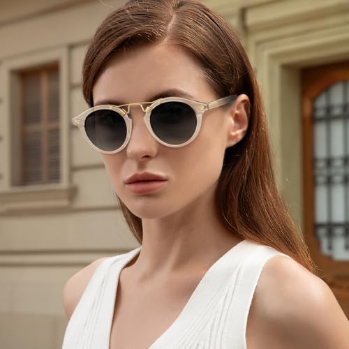 CARFIA Double Bridge Small Acetate Sunglasses for Women Polarized, Retro Metal Brow Ladies Sunnies Fashion Round Eyewears - color: 4. Transparent Frame Gradient Grey Lens