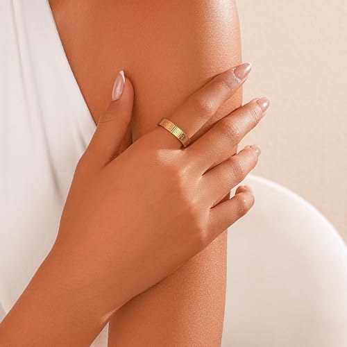 PDWZNBA Mothers Day Gifts for Mom Linear Stripe Textured Ring | 14K Gold-Plated Stainless Steel Promise & Friendship Ring, Wedding Band, Birthday Gifts for Women - color: CGold, size: 7