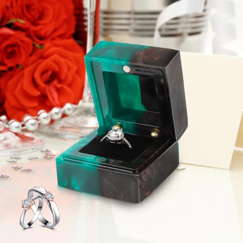 Wedding Ring Box, Engagement Ring Box with Single Slot Handcrafted Stabilized Wood and Resin Jewelry Box for Proposal Wedding Ceremony, Jewelry Organizer Elegant and Retro Ring Holder Box(Green) - color: Black