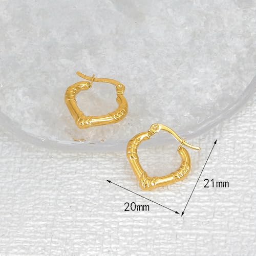 18K Gold Plated Bamboo-Textured Heart Hoop Earrings – Vintage Tribal Style Lightweight Earrings for Women