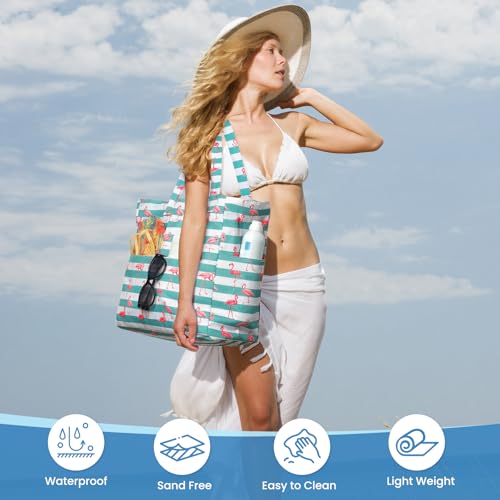 Trifabricy Beach Bags for Women Waterproof Sandproof Women Tote Bag, Large Beach Bag with Zipper for Gym Travel Vocation - color: Green Flamingo