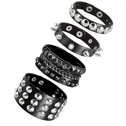 Handmade Black Leather Wrap Studded Bracelets for Women Men, 4Pcs Vintage Punk Wrist Cuff Bangle Wristband Emo Jewelry Gifts - style: Round Stud Style