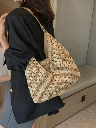 Straw Hobo Bag for Women 2026 Boho Woven Beach Purse Large Summer Straw Tote with Lining Black Raffia Shoulder Bag | straw material - color: Style1-khaki