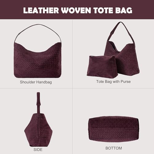 Leather Woven Tote Bag for Women, Vintage Suede Woven Hobo Bag, Large Crossbody Shoulder Slouchy Handbag - color: Wine Red