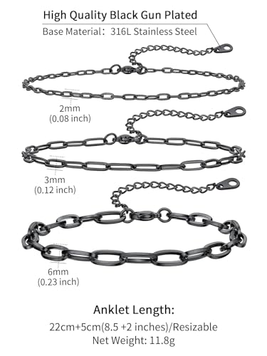 ChainsHouse Ankle Bracelets for Women, Stainless Steel Chain Anklets Waterproof, Women Summer Beach Jewelry Gift, Come with Box - color: 03. 3Pcs-(2+3+6mm)-Paperclip-Black