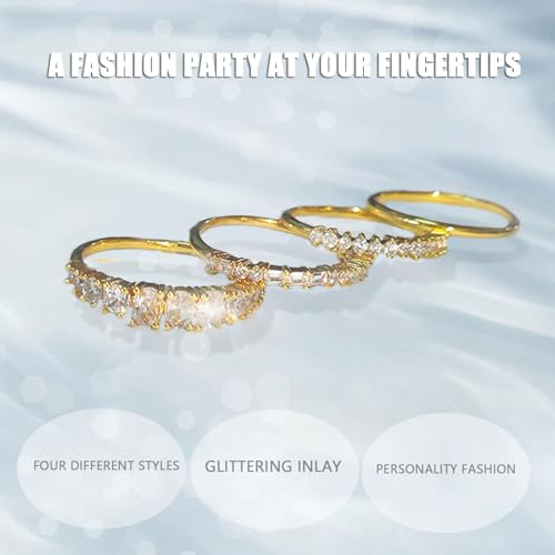 GAUEIOUR 4 Pcs Gold Rings for Women 14K Gold Plated Stacking Copper Rings Set Cubic Zirconia Knuckle Finger Statement Ring Shiny Zircon Ring Jewelry Gifts for Ladies (Size 7)