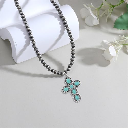 coadipress Navajo Pearl Necklace Western Jewelry for Women Boho Beaded Choker Necklaces Vintage Turquoise Pendant Cowgirl Necklace - style: Cross