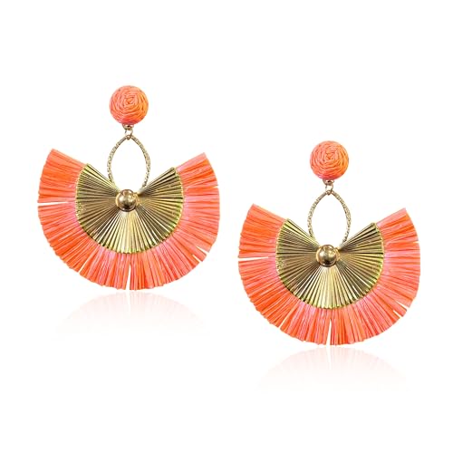 Anmpab Straw Fan Bohemian Tassel Earrings for Women Trendy Colorful Fringe Summer Beach Statement Earrings - color: Orange