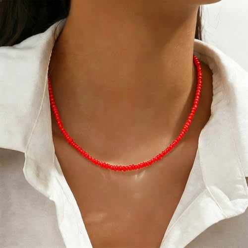 Tgirls Boho Choker Necklace Chain Rice Beaded Necklaces Seed Bead Necklace Accessory for Women - color: Red-1