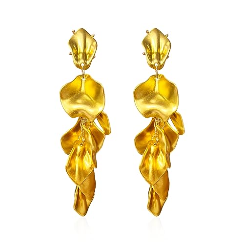 Long Acrylic Rose Petal Earrings Dangle Exaggerated Flower Earrings Drop Statement Floral Tassel Earrings for Women - color: Gold