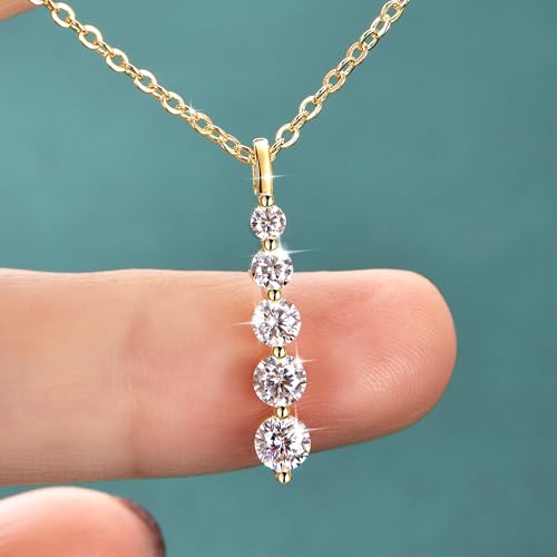 Moissanite Drop Pendant Necklace for Women, 0.92 CT 14K Gold Filled 5-Stone Round Pendant, Trendy Jewelry Gift for Wife Mother Birthday Anniversary Valentines Wedding - color: Gold