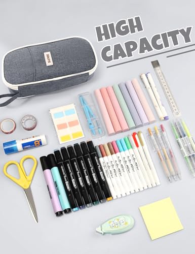 SUNEE Cute Pencil Case, Aesthetic Pen Pouch, Colored Large Pencil Bag with Zipper, Kawaii Stationery Storage and Organizer, School Supplies for Teen and Adult Girls, Gray - color: Grey