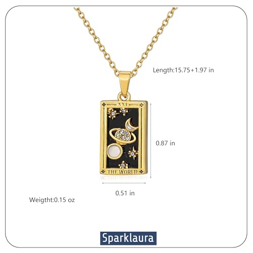 Gold Tarot Card Necklace for Women Men, Non Tarnish 18K Gold Plated Vintage Lucky Charm Square Pendant Talisman Amulet Necklaces Unisex Jewelry - style: The World