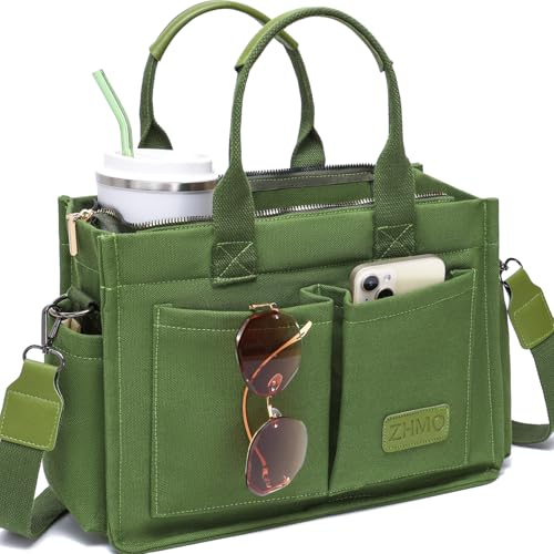 ZHMO Canvas Tote Bag for Women,Women's Bags Crossbody Bags Work Laptop Tote Bag Large Handbags Purse for Travel Nurse Teacher - color: New Upgrade Army Green With Compartments and Side Cup Holders
