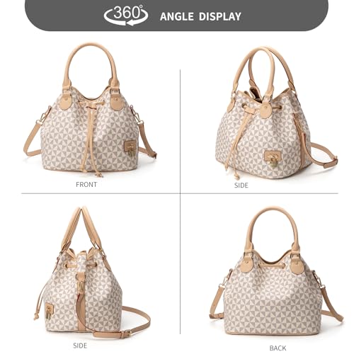 Bucket Purse For Women With Chic West Hobo Style | Drawstring Closure, Shoulder Handbag, Tote Purse, Pockets Design - color: White