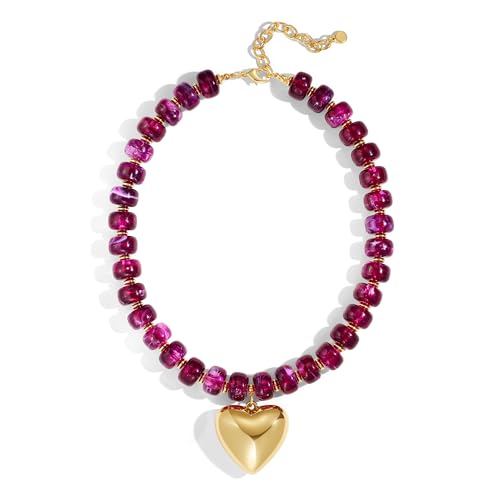 WOWORAMA Chunky Heart Necklaces for Women Colorful Resin Beaded Choker Necklace Gold Puffy Heart Statement Necklace Trendy Acrylic Choker Jewelry - color: Purple