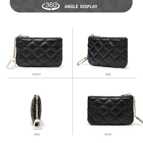 Quilted Leather Coin Purse with Keychain - Small Coin Pouch Key Pouch Small Card Holder Keychain Wallet Change Purse for Women and Men (Black) - color: Black