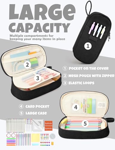 SUNEE Cute Pencil Case, Large Pencil Pouch, Soft Corduroy Aesthetic Big Pencil Bag with Zipper, Kawaii Stationery Storage and Organizer, School Supplies for Teen and Adult, Boys&Girls, Coal Black - color: Coal Black