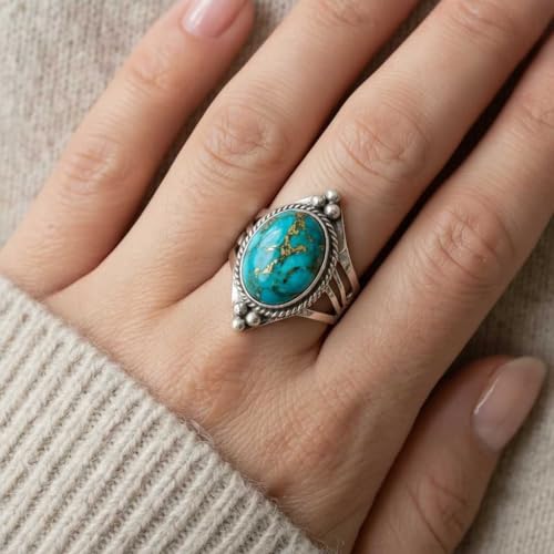 Handmade 925 Sterling Silver Plated Ring Natural Gemstone Carnelian, Rose Quartz, Tiger Eye, Crystal Oval Boho Jewelry For Women - color: Copper Blue Turquoise