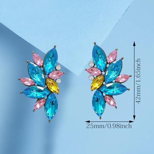 Bohemian Statement Sparkly Colourful Fancy Rhinestone Crystal Flower Dangle Drop Stud Earrings Vintage Wedding Bridal Prom Earrings for Women - color: Blue Pink