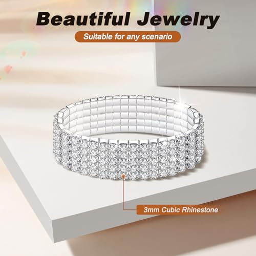 Kucheed Rhinestone Stretch Bracelets, Twinkle Diamond Tennis Bangle, Silver Crystal Sparkling Bridal Stackable Bracelet Jewelry, Bling Shining Wedding Party Elastic Band Bracelet for Women - color: Silver - 5 Rows