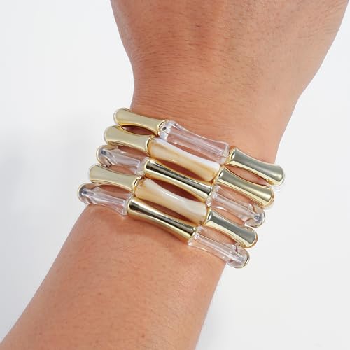 Gold Tube Bangle Bracelets for Women Stackable Bamboo Chunky Acrylic Beads Stretch Friendship Summer Beach Bracelet Jewelry - color: Colorful 02