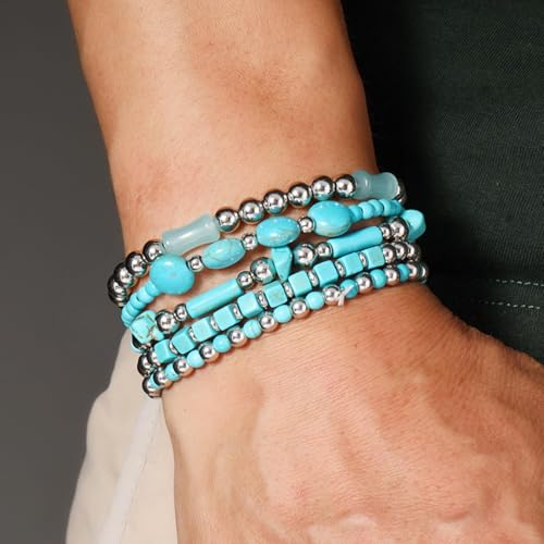 Long tiantian Western Turquoise Beaded Bracelet Set for Women Stackable Cowgirl Bracelets Boho Concho Jewelry Country Concert Rodeo Outfit Accessories Gifts - color: A5:turquoise bracelet for women