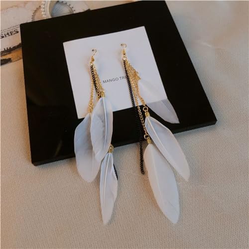 coadipress Boho Piercing Tassel Feather Long Chain Earrings Retro Lightweight Native Feather Dangle Drop Earrings for Women Bohemian Handmade Natural Feathers Earring Jewelry - color: White