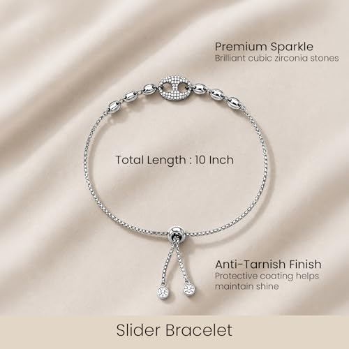LeCalla Pure 925 Sterling Silver Italian Paperclip Link Chain Bracelets | Gold Over Silver Paper-Clip Link Station Bracelet | Sliding Bolo Bracelet for Women - color: CZ Mariner Link