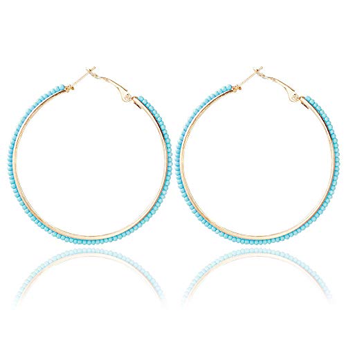 2 Pairs Bohemian Colorful Beads Circle Round Hoop Earrings Gold Hoop Dangle Earrings for Women Vintage Boho Jewelry - color: blue