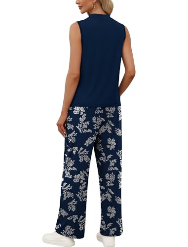 WIHOLL Two Piece Set for Women Summer Spring Outfits Cruise Travel Airport Beach Vacation Mock Neck Wide Leg Pants Set - color: Blue Floral, size: Small