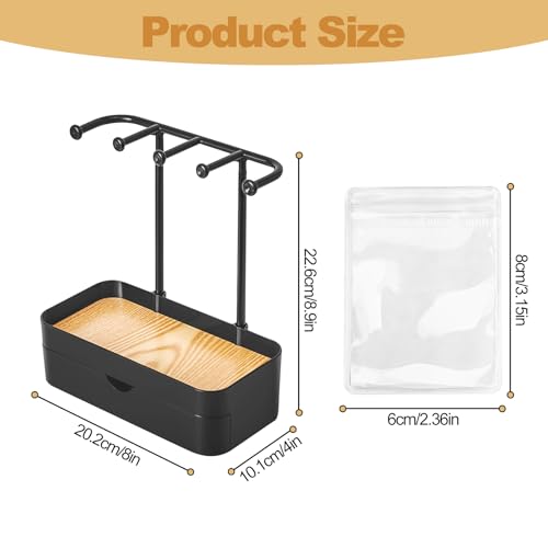 Jewelry Organizer Stand, 2-Tier Necklaces Holder with Wooden Tray and 5 Storage Hooks, Earring Holder with 5 Pcs Jewelry Bags for Bracelet,Chains,Rings,Earrings,Keys Watches (Black) - color: Upgraded Black