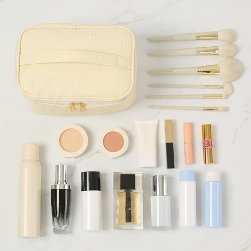Meiyuuo Makeup Bag Large Cosmetic Bags for Women Girls Cute Travel Zipper Pouch Toiletry Organizer for Beauty Essentials Waterproof (Light Beige) - color: Embossing Beige
