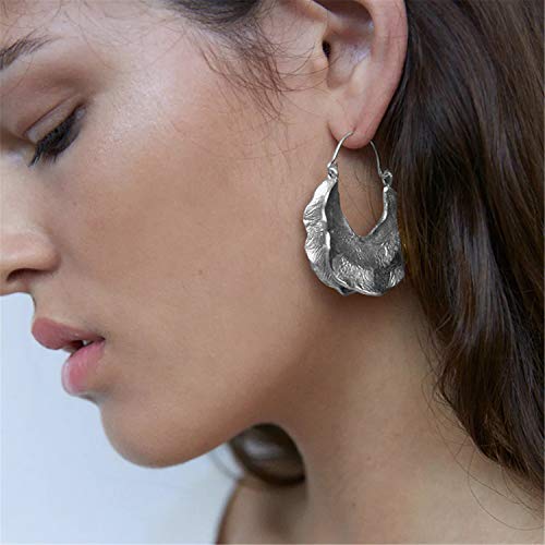 Simple Large Vintage Gold Circle Hoop Earrings Boho Irregular Hollow Shield Shape Dangle Drop Earrings for Women Statement Jewelry Gifts - color: Silver