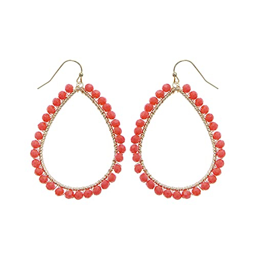 Bohemian Boho Teardrop Dangle Drop Earrings for Women – Delicate - Handcrafted Wire Wrapped Colorful Faceted Glass Beads – Gold Plated – with Gift Box Included - color: Red Coral