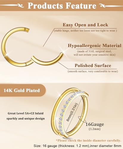Small Cartilage Double/Triple-Hoop Helix Conch Piercing Earrings With Cubic Zirconia For Women Trendy 14K Gold Plated Titanium Surgical Stainless Steel Sets Nose Rings Hoops Septum Rings - color: 14K Gold, style: B-4Pairs-16Gauge-Double CZ hoop