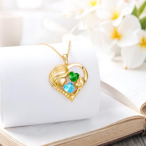 Mothers Day Gifts 14K Yellow Gold Mother Daughter Heart Pendant Necklace with 12 Months Birthstone Birthday Gifts for Mom Anniversarry Jewelry for Mom Wife Girlfriend - color: 03-05-Mar-May Birthstone
