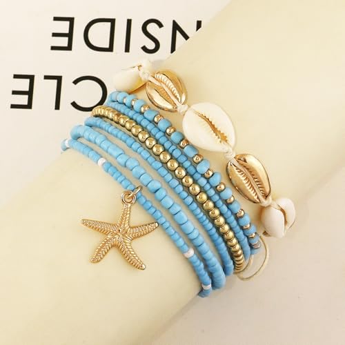 Shell Anklets Bracelet for Women Waterproof Surfer Starfish Bracelet Puka Shell Anklet Colorful Boho Stack Stretch Bead Bracelet Set Hawaii Summer Beach Vacation Foot Jewelry - color: Blue