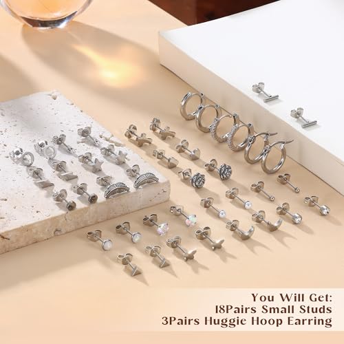 FASACCO Hypoallergenic Stainless Steel Earrings Set for Women Men | 316L Surgical Steel Silver Stud Hoop Earrings Sets for Multiple Piercing Small Cute Star Heart Butterfly Studs Huggies