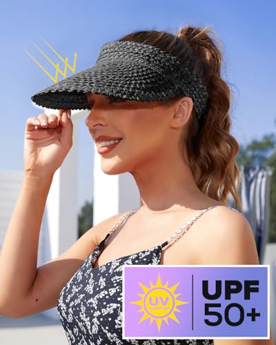 Straw Sun Visors & Hats for Women - Packable Beach Hats, Handmade, Sun Protection - color: Black