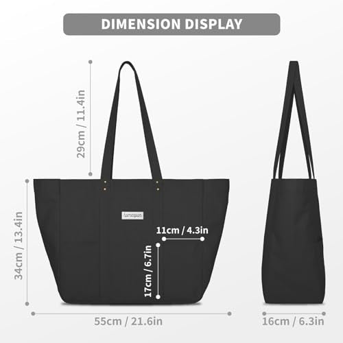 HOMESPON Large Canvas Tote Bag for Women Everything Bag with Pockets and Laptop Sleeve - color: Black